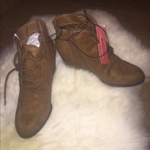 Brown bootie wedges, faux suede
